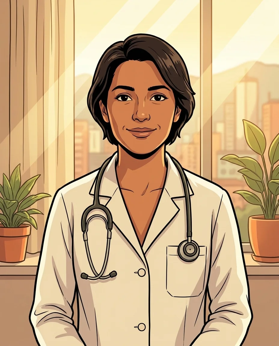 A friendly Colombian doctor in a white coat with a stethoscope, in a sunlit Medellín apartment