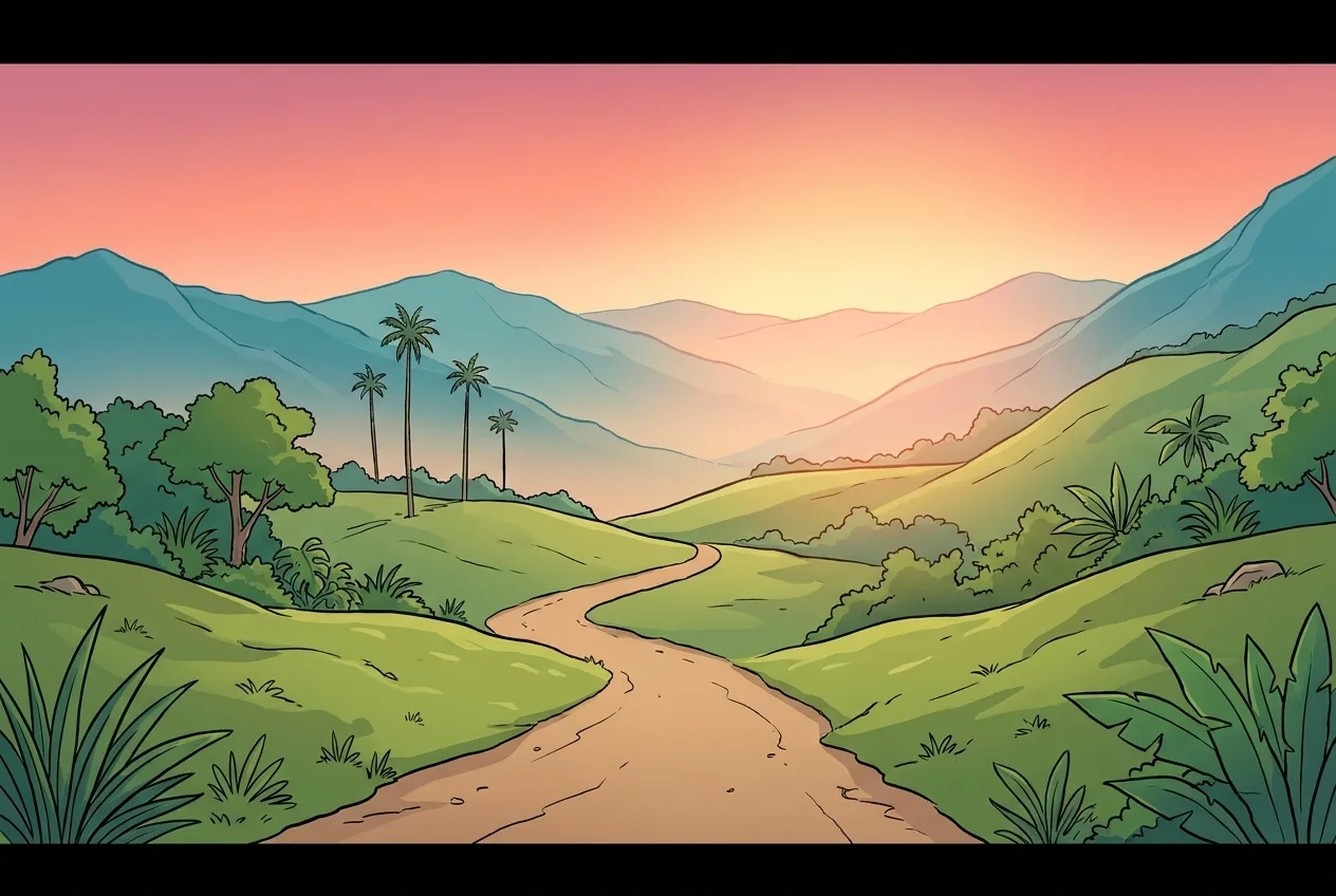 A clear trail winding through green Colombian hills toward an open, glowing horizon