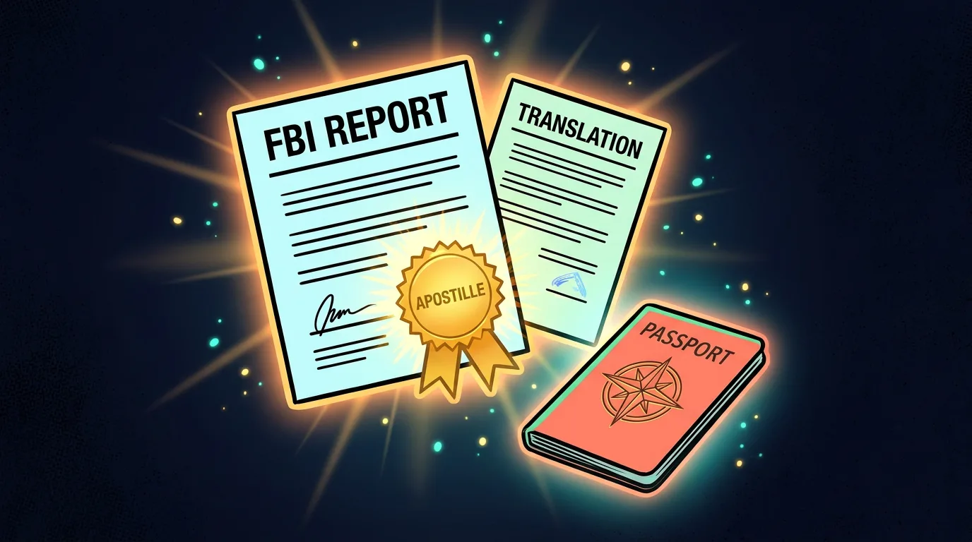 The finished visa-ready bundle: an apostilled FBI report, a certified Spanish translation, and a passport