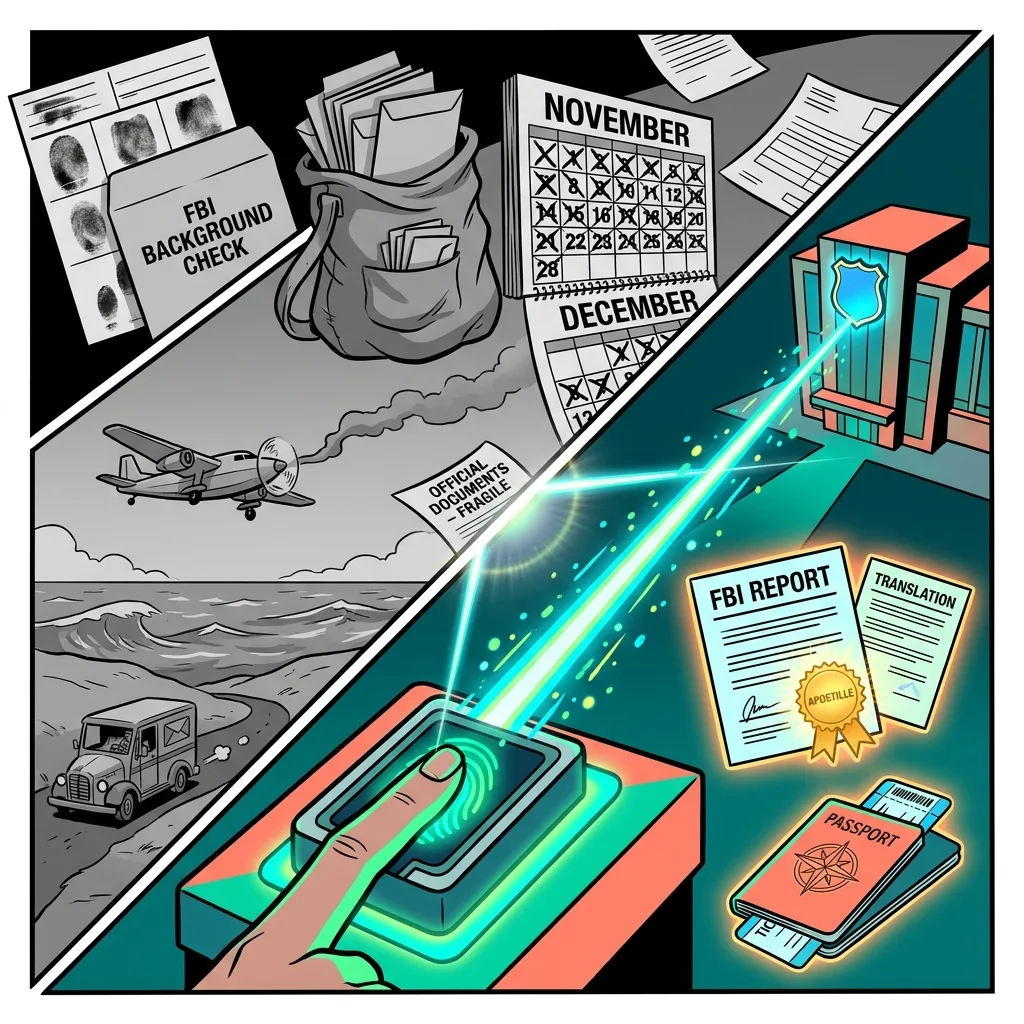Split illustration: the slow traditional mail-in FBI background-check process in black and white at top, and the fast new digital route transmitting fingerprints electronically to the FBI in color below