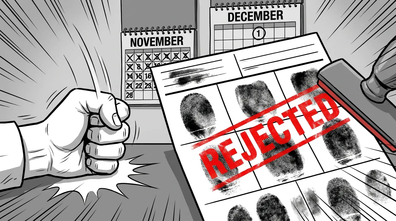 A traditional fingerprint card stamped REJECTED beside a calendar, illustrating weeks lost on the mail-in route