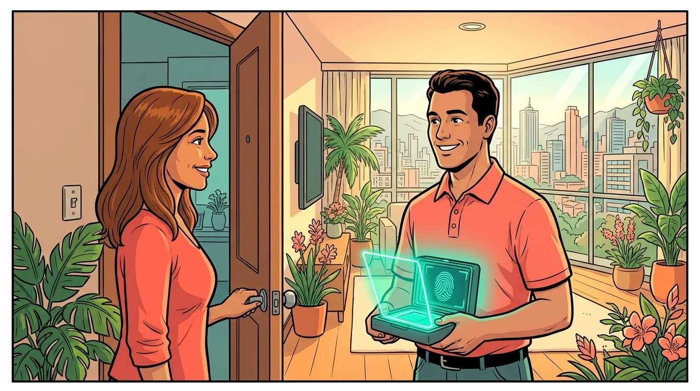 A fingerprint technician arriving at a client's apartment in Colombia with a digital scanner