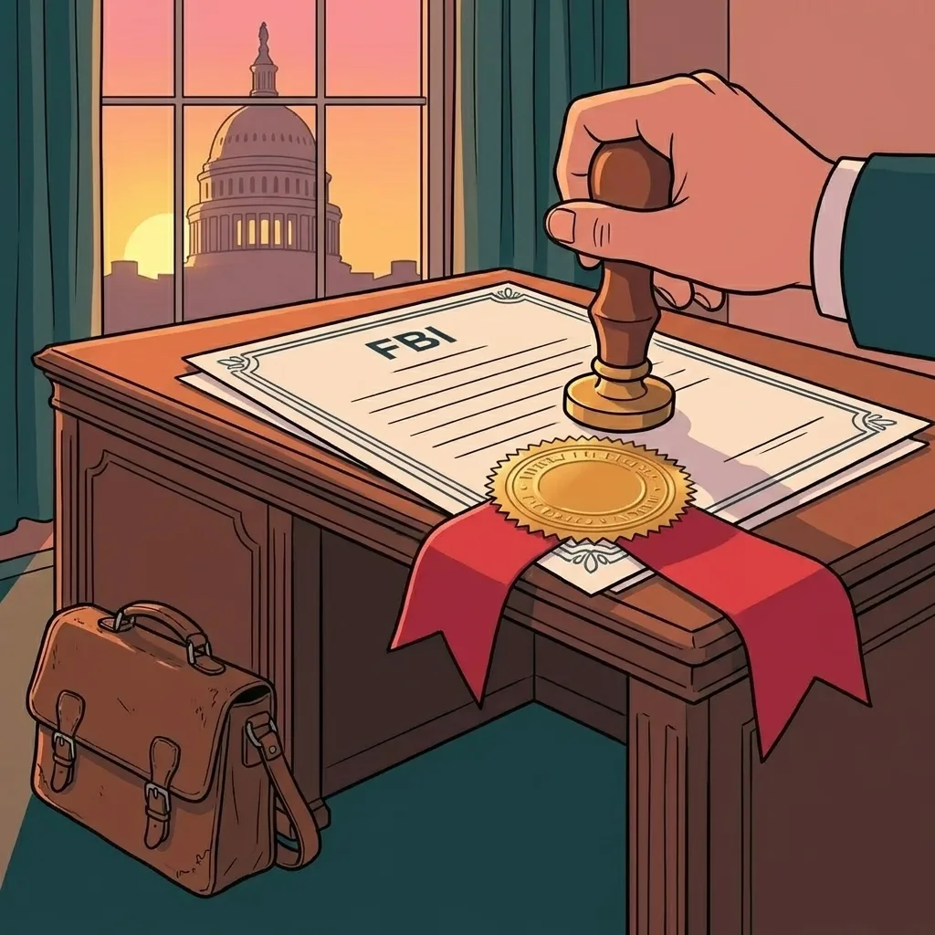 An FBI report receiving a gold apostille seal at a desk in Washington, D.C., with the Capitol dome visible through the window