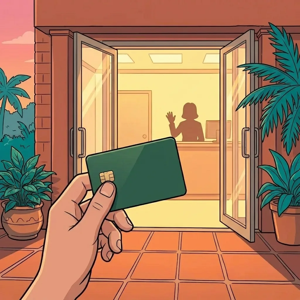 A hand holding a brand-new Colombian debit card in front of a bank with its doors wide open and a welcoming teller inside