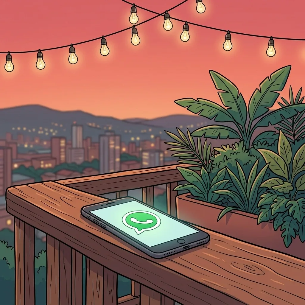 A phone showing WhatsApp resting on a wooden balcony rail overlooking the Medellín valley at dusk, string lights above