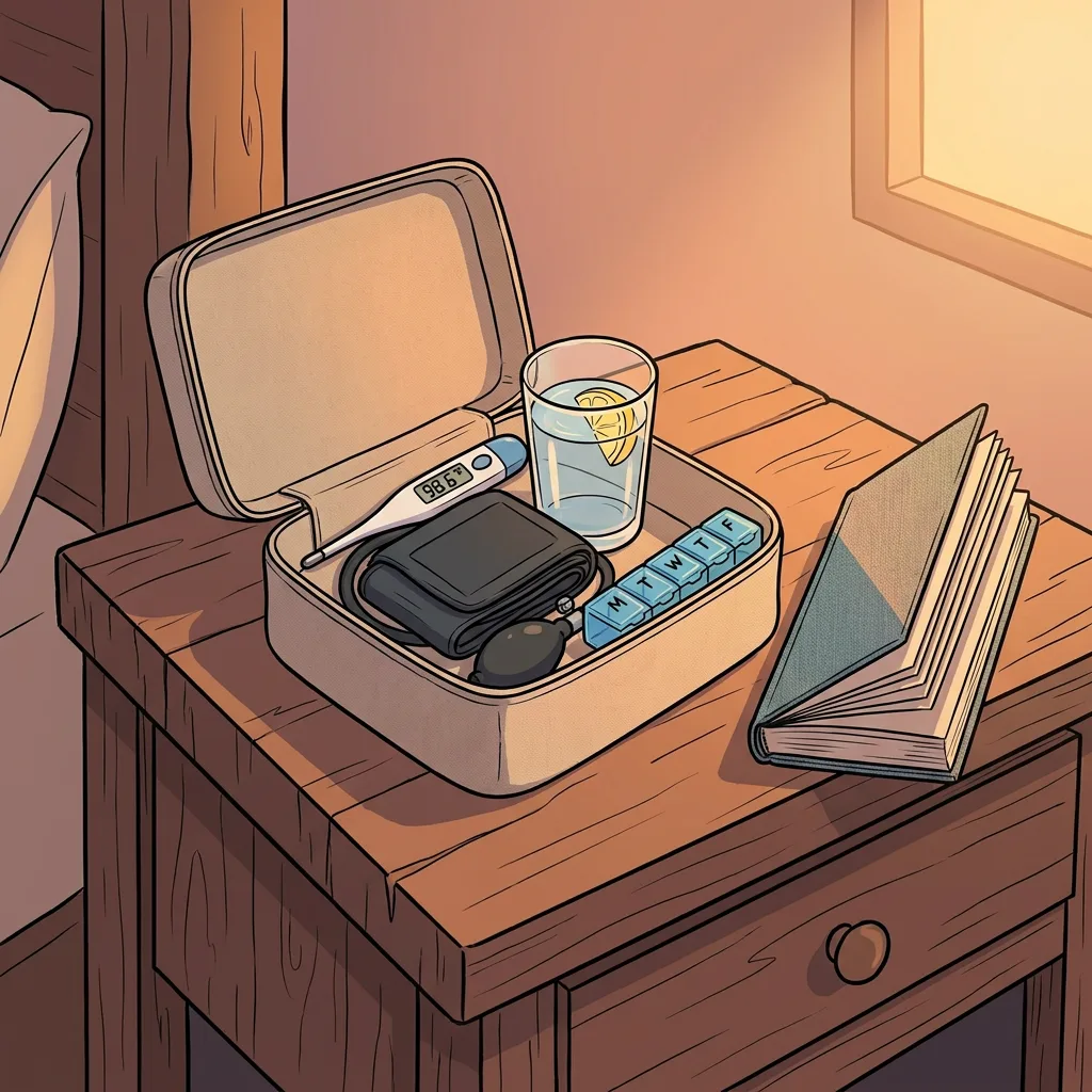 A bedside table with a small medical kit, a glass of water, and a notebook in warm evening light