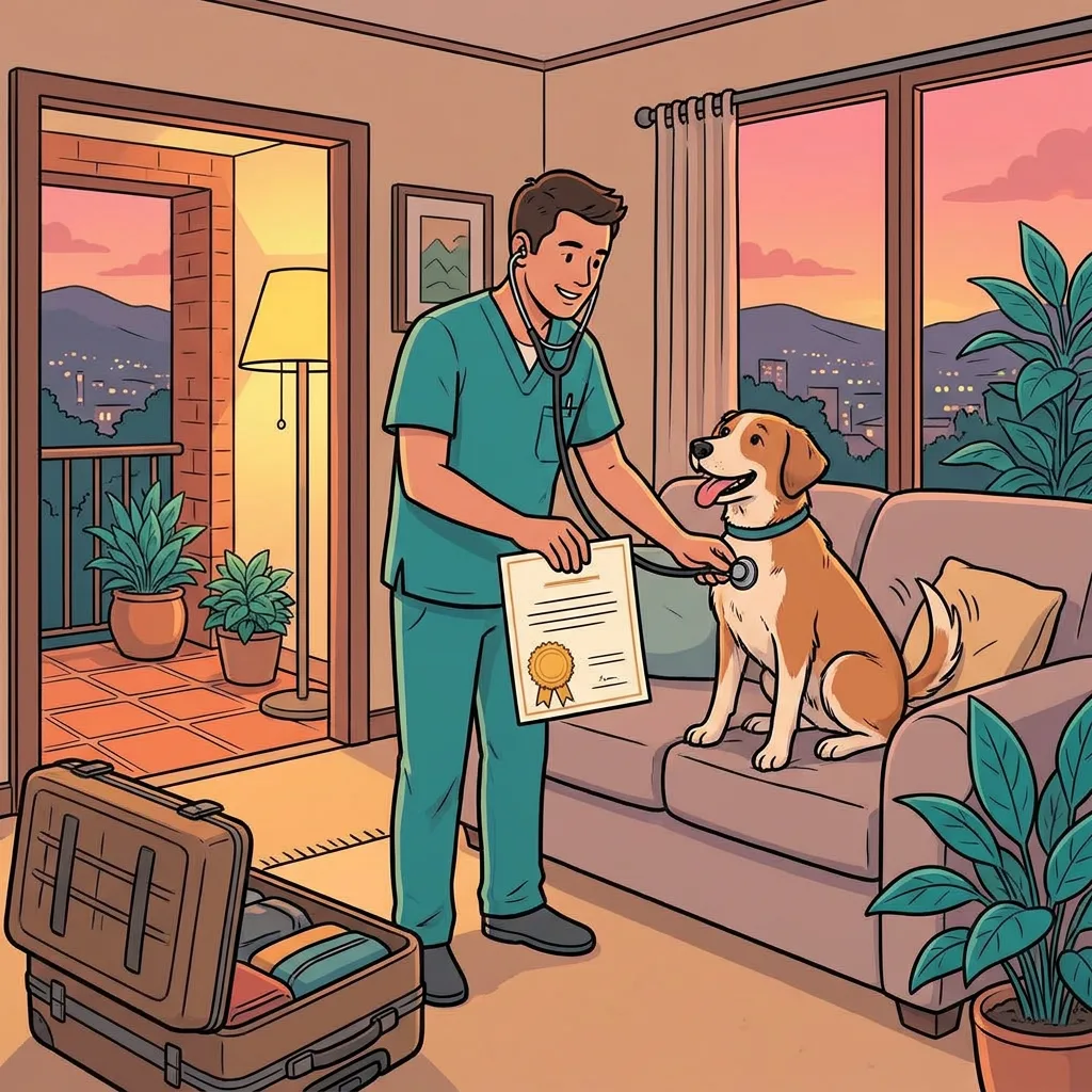 A veterinarian examining a happy dog on a sofa at home and handing over a sealed health certificate, with a packed suitcase by the door