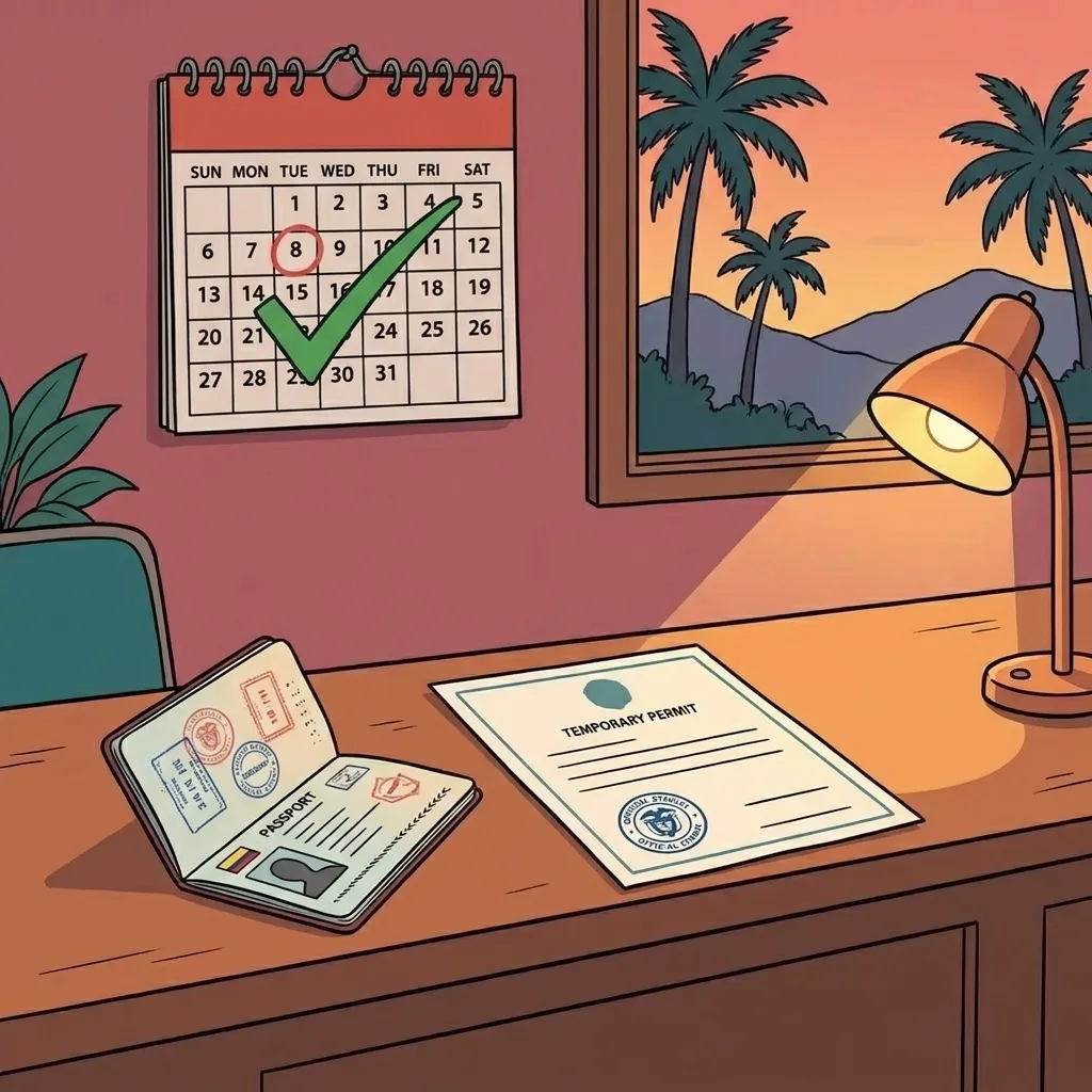 A passport and a freshly stamped temporary permit on a desk, with a wall calendar deadline crossed out by a green checkmark