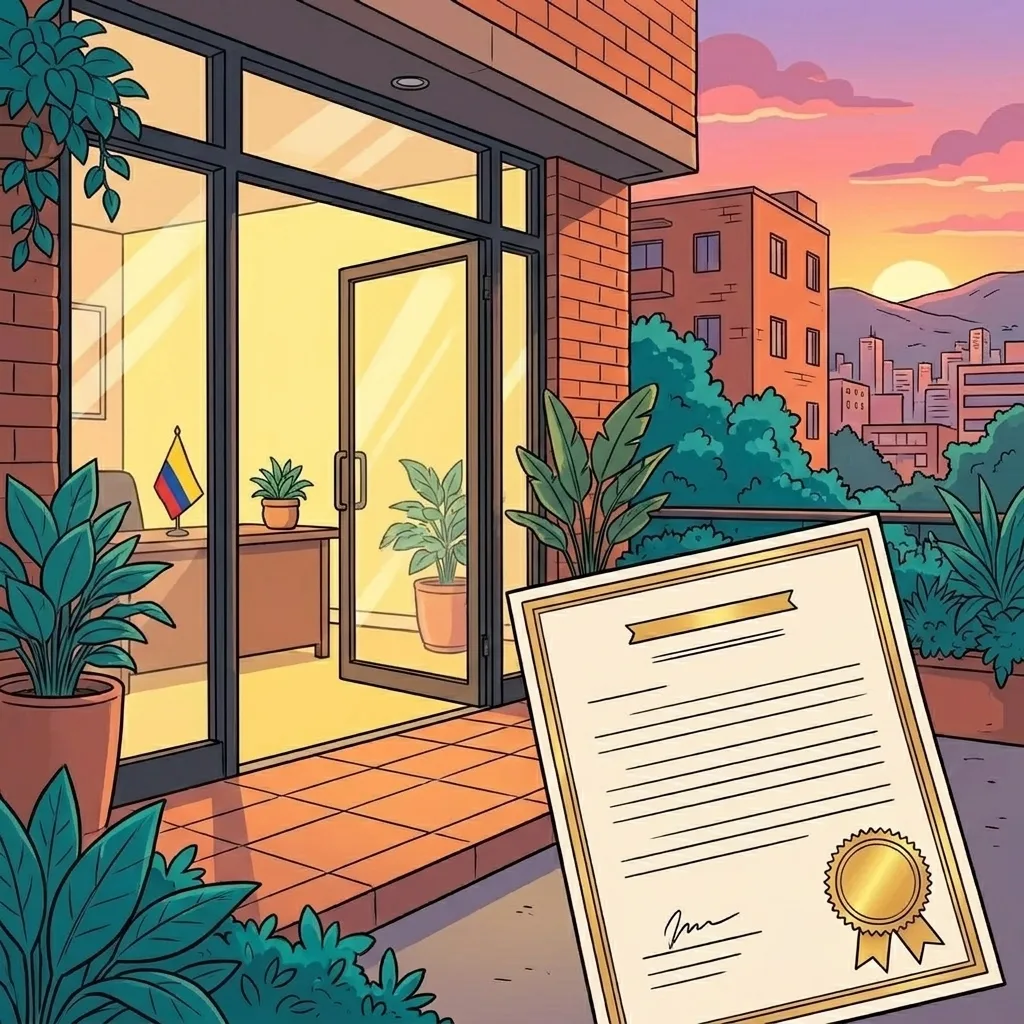 A freshly stamped Colombian company registration certificate with a gold seal in front of a new office opening its doors at sunset