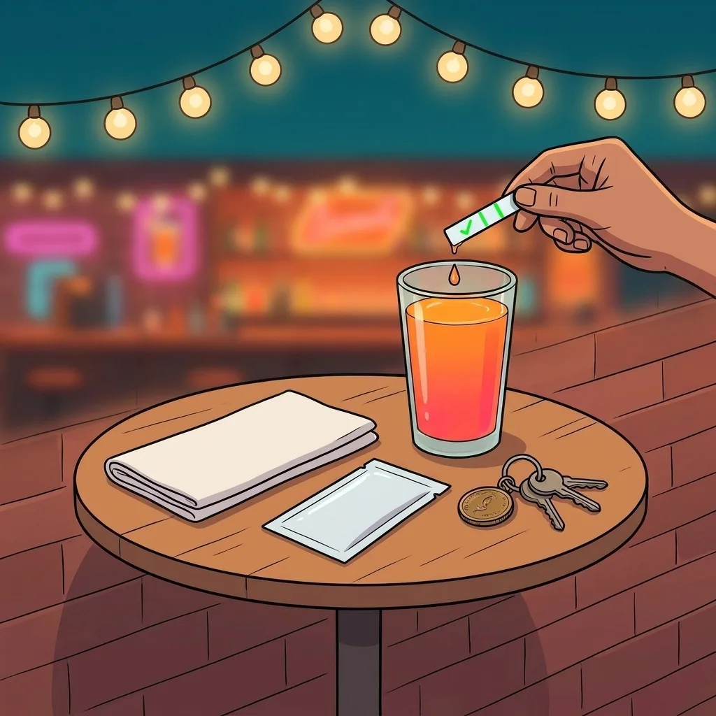 A hand testing a cocktail with a scopolamine test strip at a bar table at night, the discreet kit pouch beside the glass