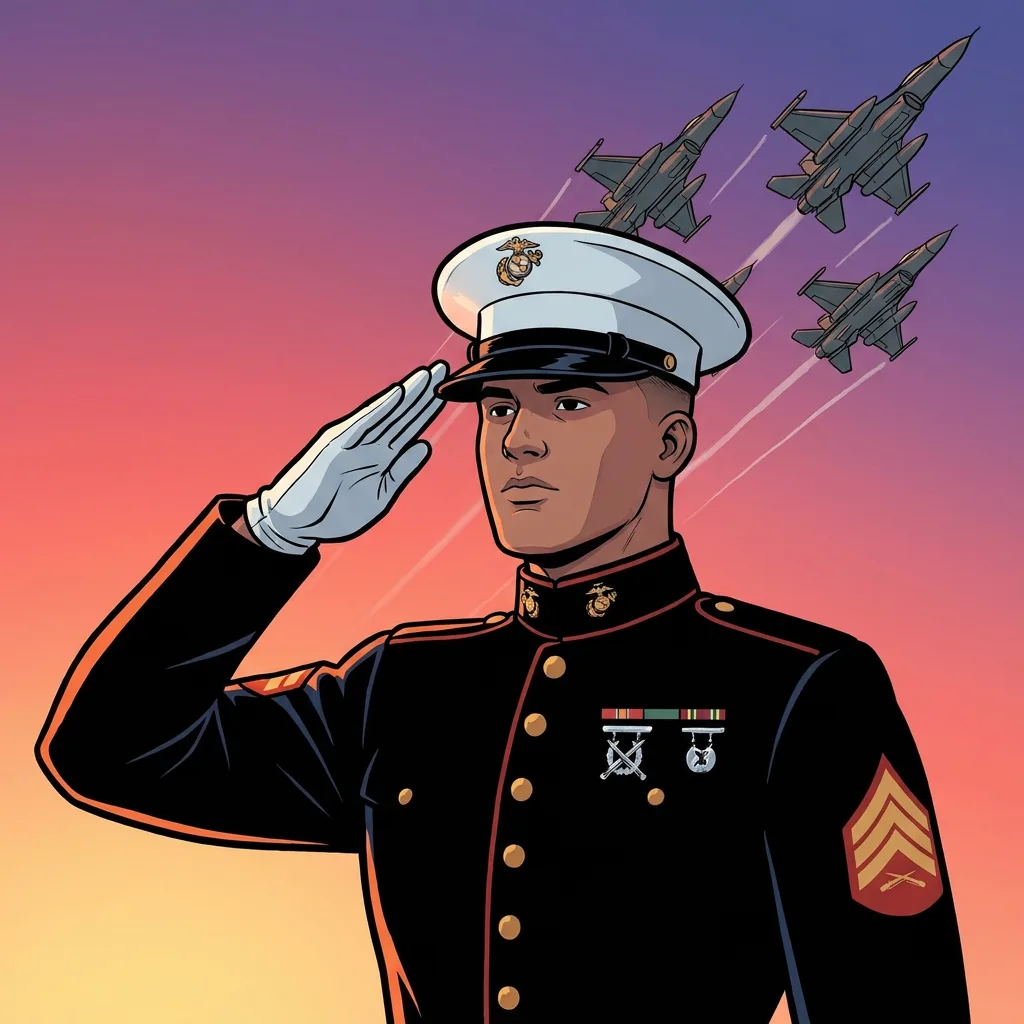 A U.S. Marine in dress blues saluting at dusk as a formation of F-16 jets climbs into the coral sky behind — a tribute to the veterans we serve.