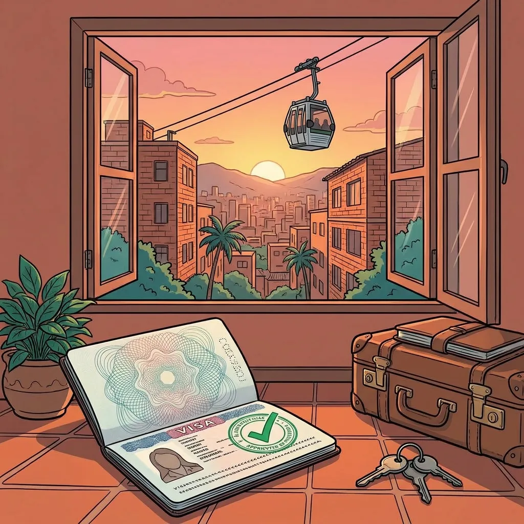 An open passport with an approved visa page marked by a green checkmark, beside a packed suitcase with the Medellín valley and a metrocable gondola through the window