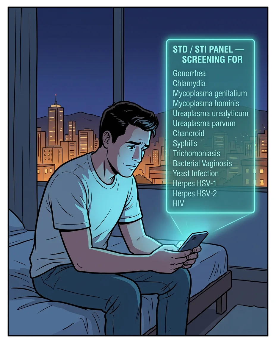 A worried traveler alone at night in Medellín, lit by their phone, facing a glowing list of fourteen STD and STI conditions a single test screens for