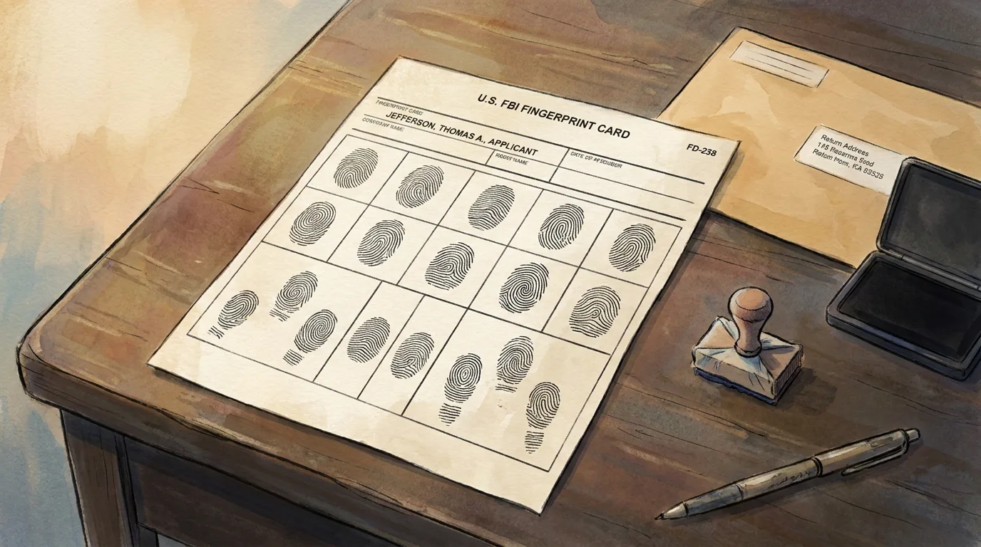 An FD-258 FBI applicant fingerprint card covered in ink fingerprints, beside a manila mailing envelope and an ink pad