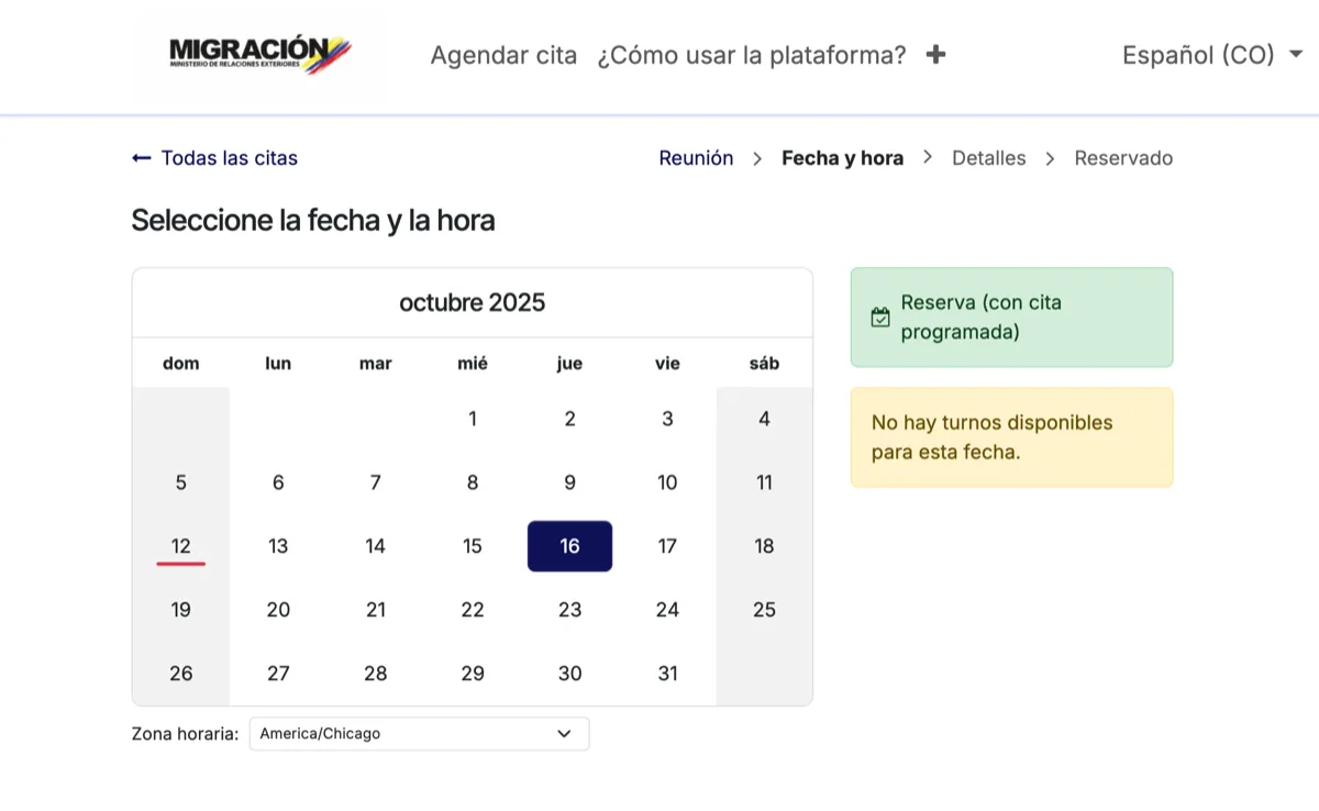 Booking calendar in Migración Colombia's appointment system