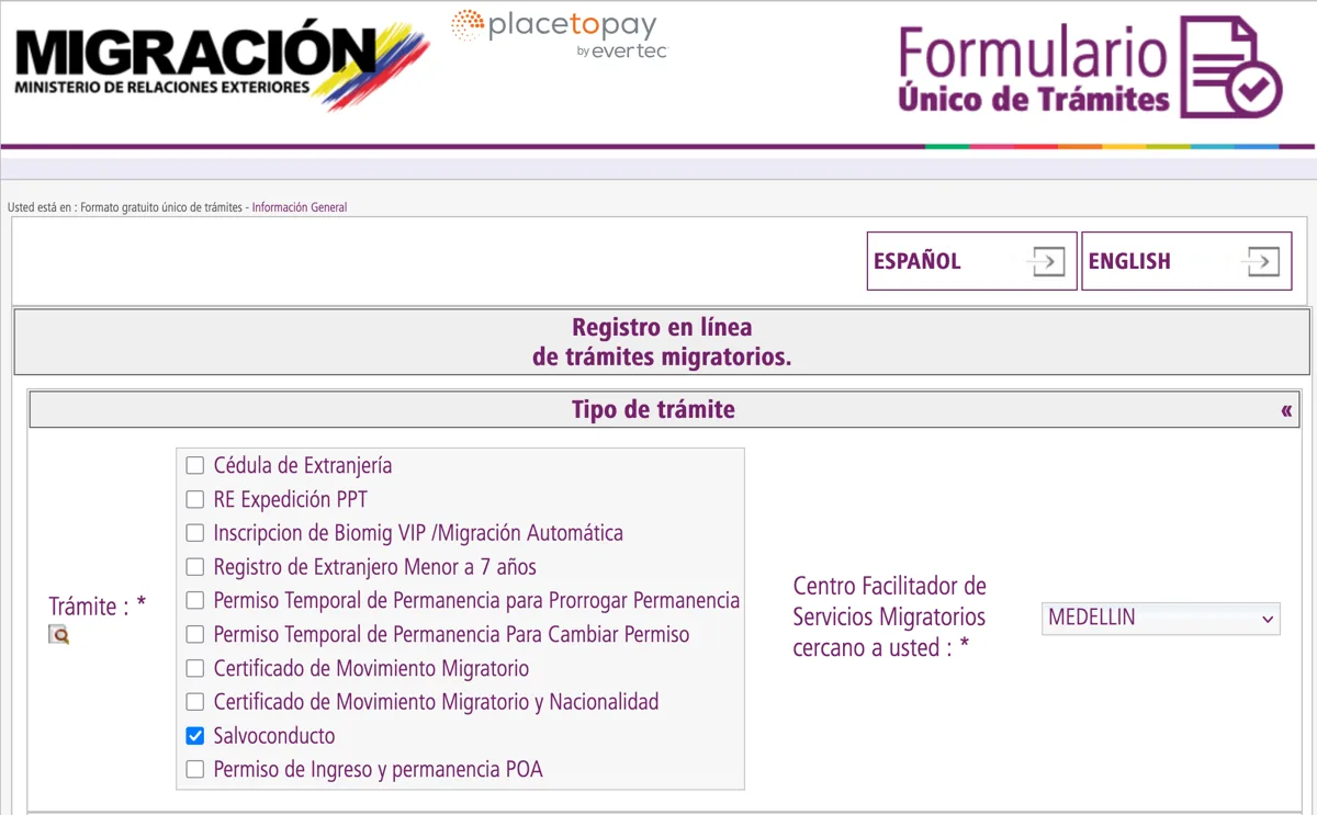 Migración Colombia FUT form for salvoconducto, with passport upload and emergency contact details