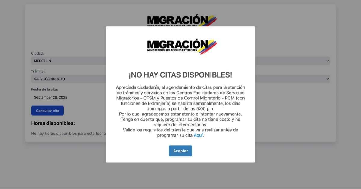 Migración appointment booking page for salvoconducto in Medellín showing no slots available