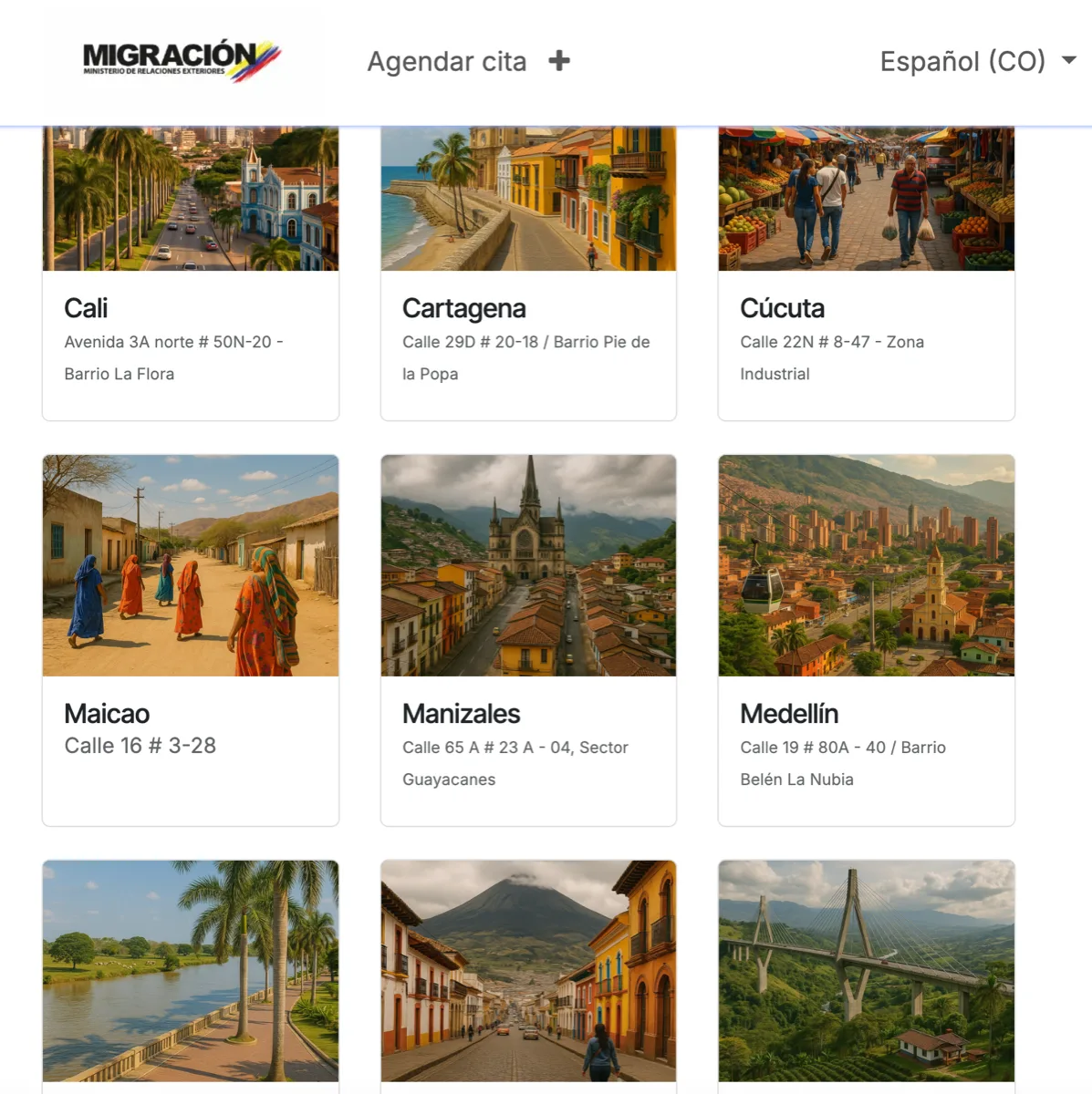 City selection for booking a Migración Colombia appointment