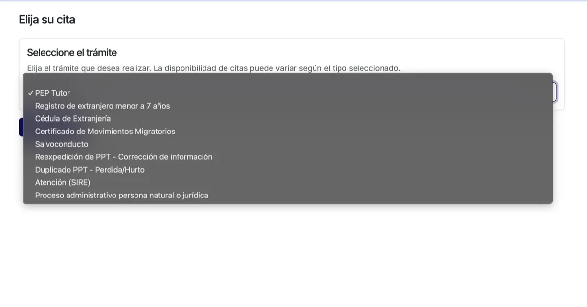 Migración Colombia appointment booking page with Proceso Administrativo selected